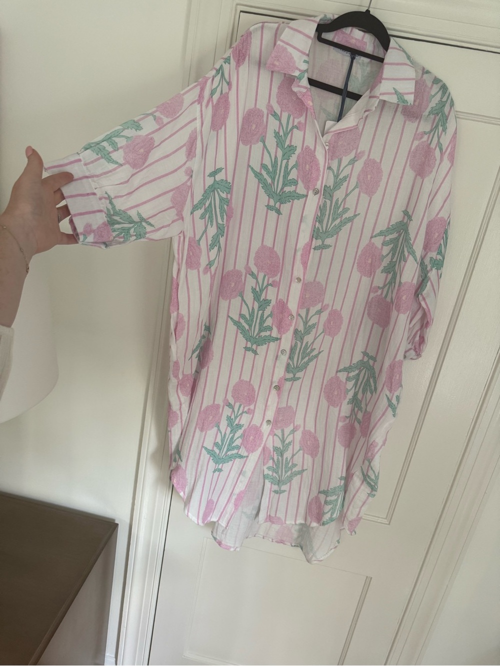 Tempo Paris Pink and Green Floral Stripe Shirt Dress Block Print cover Up